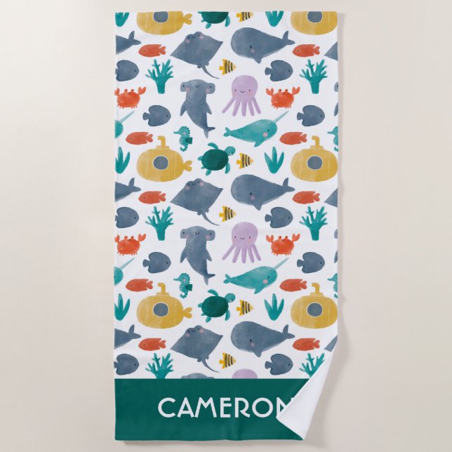 Cute Watercolor Ocean Animals Pattern Beach Towel (Front)