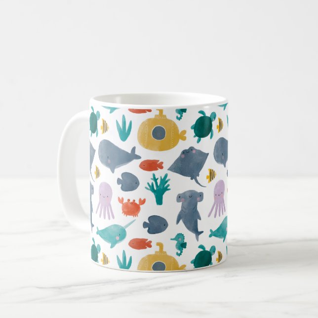 Cute Watercolor Ocean Animals Pattern Coffee Mug (Front Left)