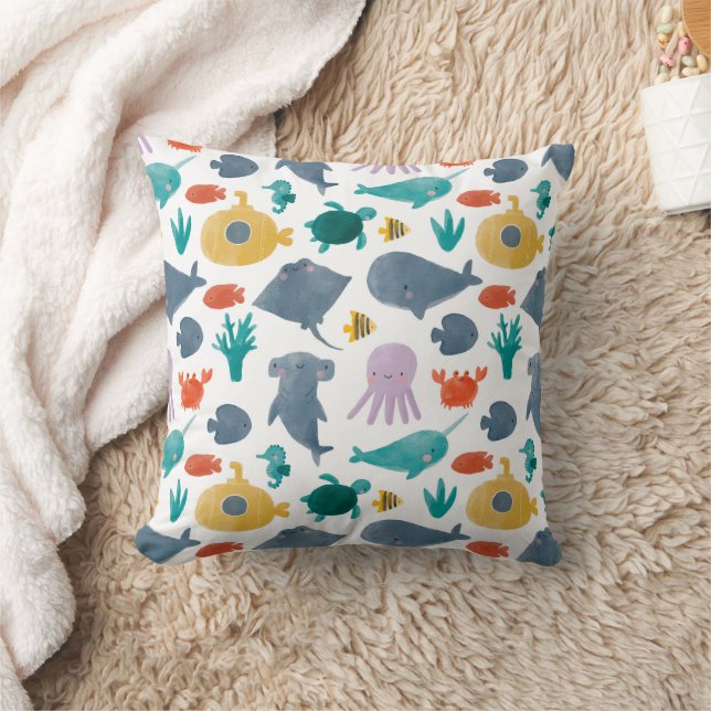 Cute Watercolor Ocean Animals Pattern Cushion (Blanket)