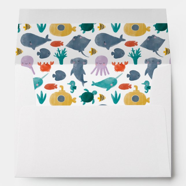 Cute Watercolor Ocean Animals Pattern Envelope (Back (Bottom))
