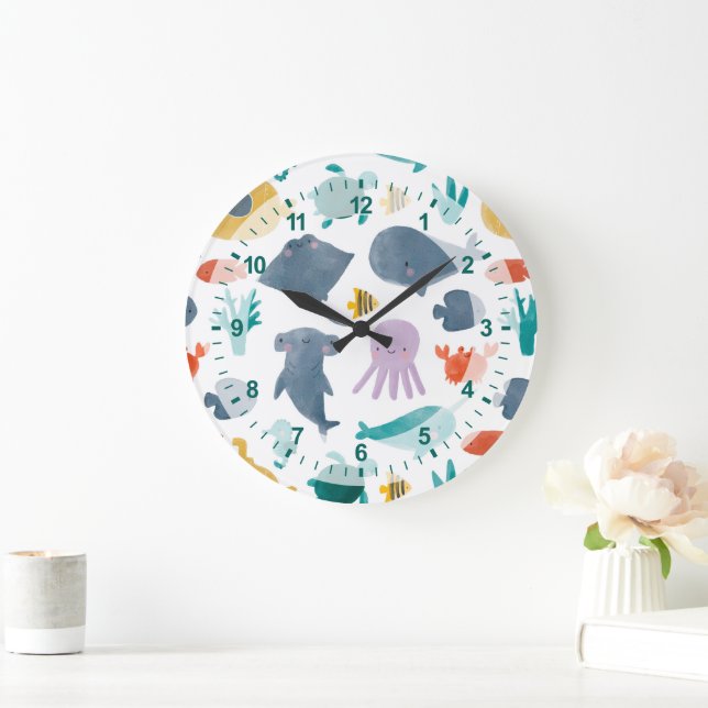 Cute Watercolor Ocean Animals Pattern Large Clock (Home)