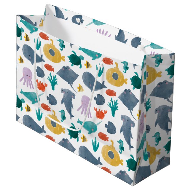 Cute Watercolor Ocean Animals Pattern Large Gift Bag (Front Angled)