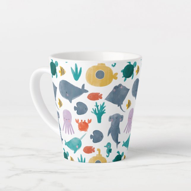 Cute Watercolor Ocean Animals Pattern Latte Mug (Left Angle)