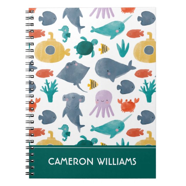 Cute Watercolor Ocean Animals Pattern Notebook (Front)