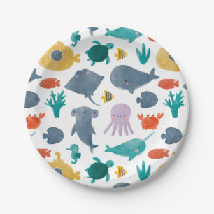 Cute Watercolor Ocean Animals Pattern Paper Plate