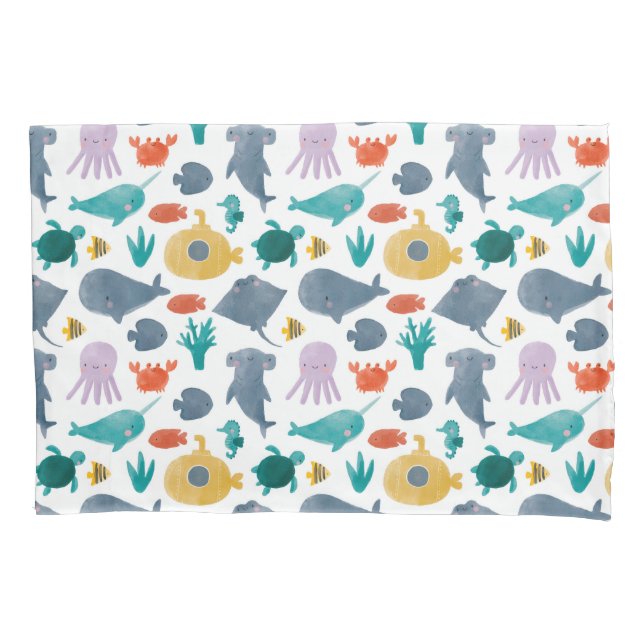 Cute Watercolor Ocean Animals Pattern Pillowcase (Front)