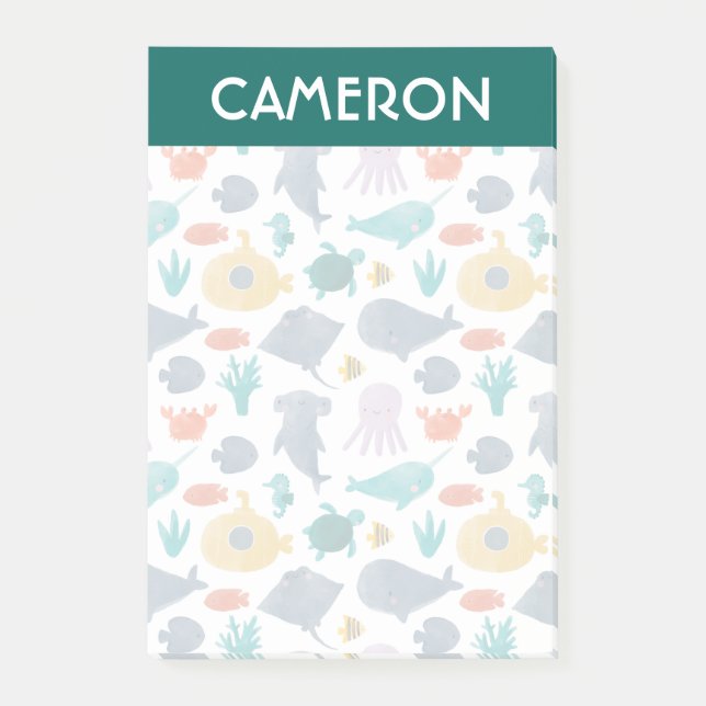 Cute Watercolor Ocean Animals Pattern Post-it Notes (Front)