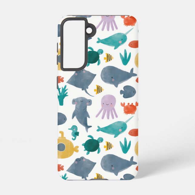 Cute Watercolor Ocean Animals Pattern Samsung Galaxy S21 Case (Back)
