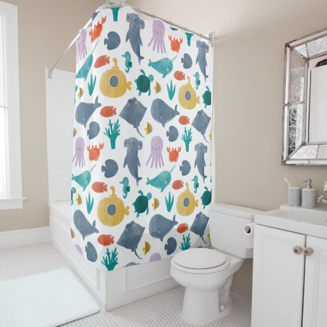 Cute Watercolor Ocean Animals Pattern Shower Curtain (In Situ)