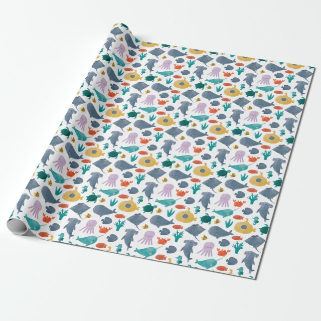 Cute Watercolor Ocean Animals Pattern Wrapping Paper (Unrolled)