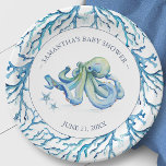 Cute Watercolor Octopus Personalised Paper Plates<br><div class="desc">Make a splash with these cute personalised paper plates, perfect for a coastal, under-the-sea themed boy baby shower or beach party. This design features a coral border with a watercolor octopus and starfish in beautiful shades of blue. Customise with the mama-to-be’s name and shower date for a special touch. A...</div>