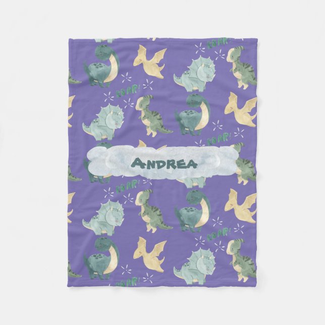 Cute Watercolor on Light Purple Dinosaur Cloud Fleece Blanket (Front)