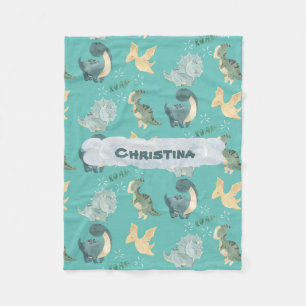 Cute Watercolor on Light Teal Dinosaur Fleece Blanket