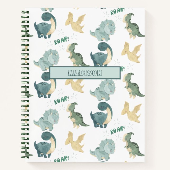 Cute Watercolor on White Dinosaur Pattern Notebook (Front)