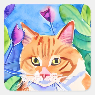 Cute Watercolor Orange Cat and Pretty Flowers Square Sticker