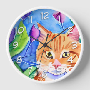 Cute Watercolor Orange Cat Clock