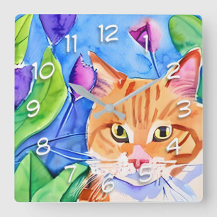 Cute Watercolor Orange Cat Square Wall Clock