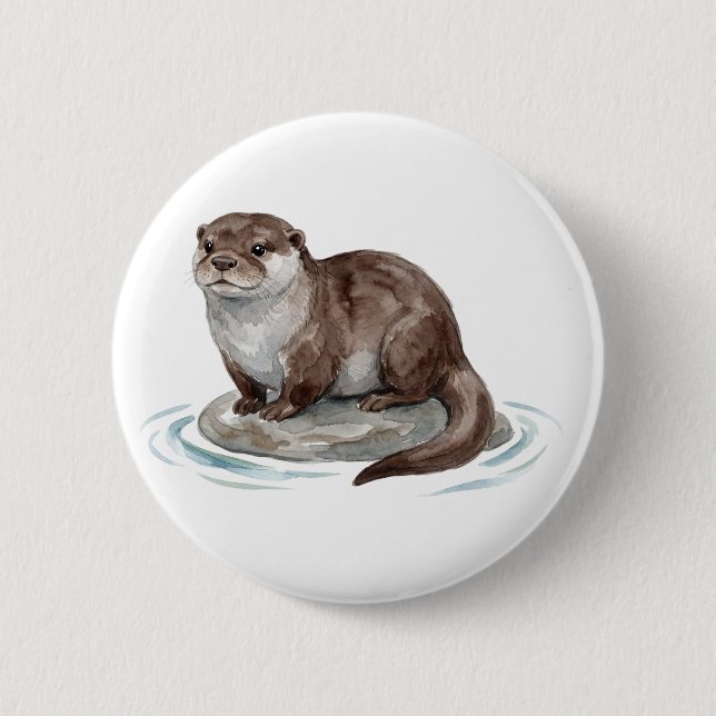 Cute Watercolor Otter Button (Front)