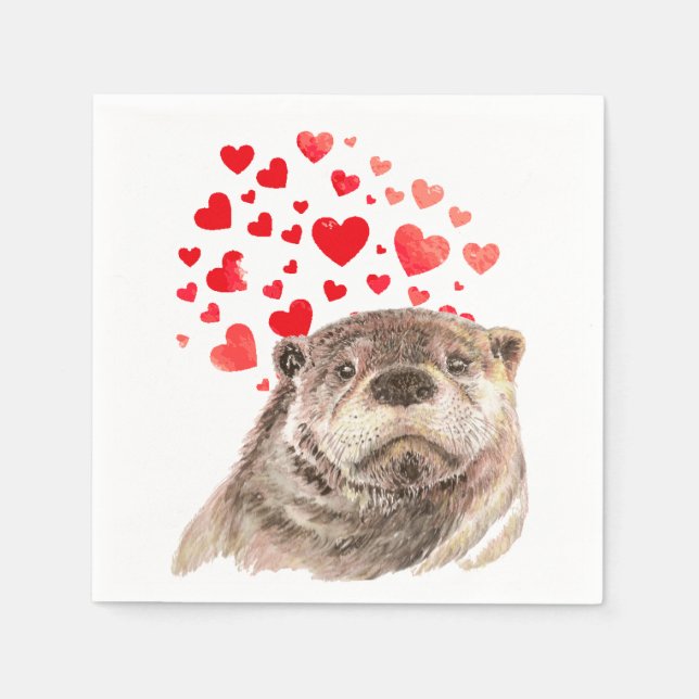 Cute Watercolor Otter Hearts Love Animal Humour Napkin (Front)