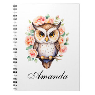 Cute Watercolor Owl and Leafy Roses Notebook
