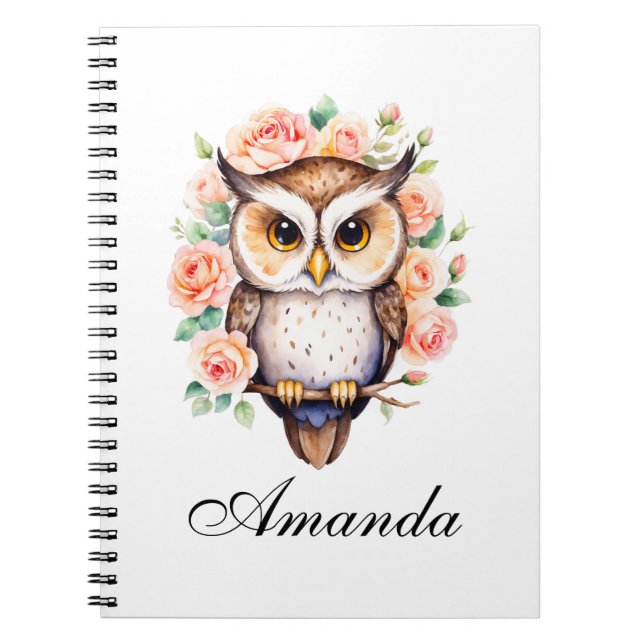 Cute Watercolor Owl and Leafy Roses Notebook (Front)