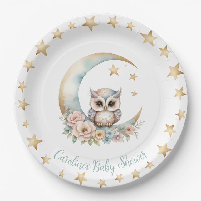 Cute Watercolor Owl Baby Shower Paper Plate (Front)