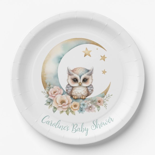 Cute Watercolor Owl Baby Shower Paper Plate (Front)
