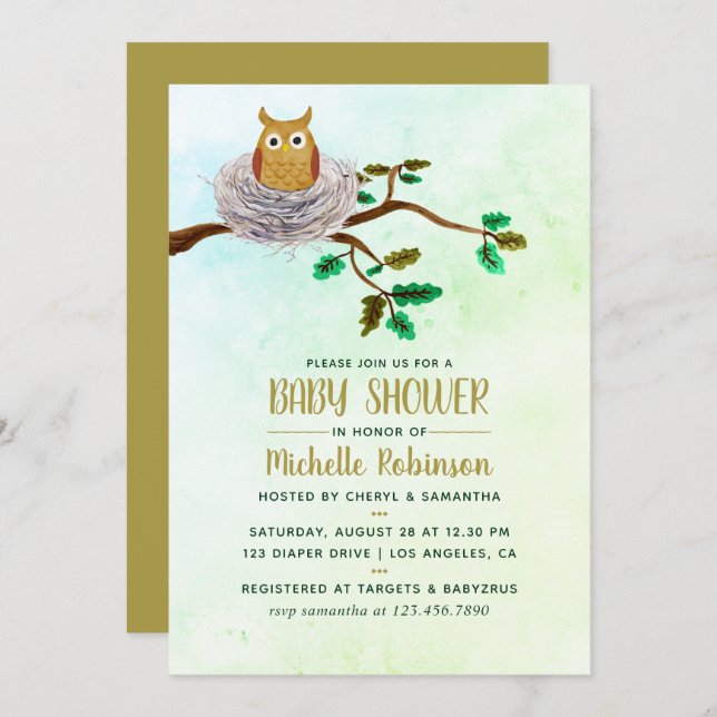 Cute Watercolor Owl Baby Shower Party Invitation (Front/Back)