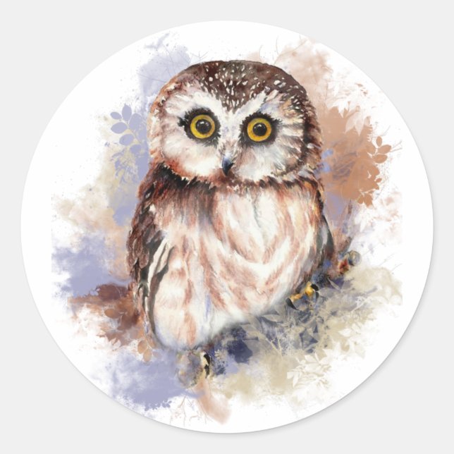 Cute Watercolor Owl Bird Nature art Classic Round Sticker (Front)