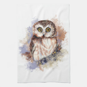 Cute Watercolor Owl Bird Nature art Tea Towel