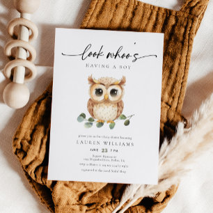 Cute Watercolor Owl Boy Baby Shower Invitation