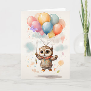 Cute Watercolor Owl Colourful Balloons Blank Card