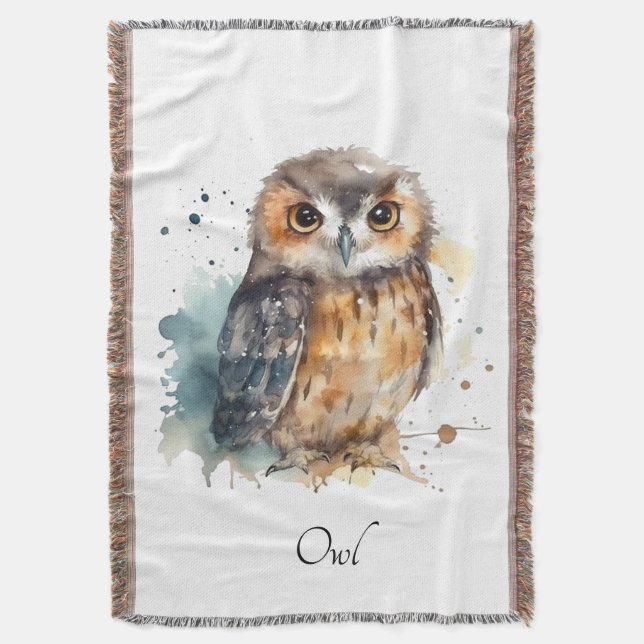Cute Watercolor Owl, custom Throw Blanket (Front Vertical)