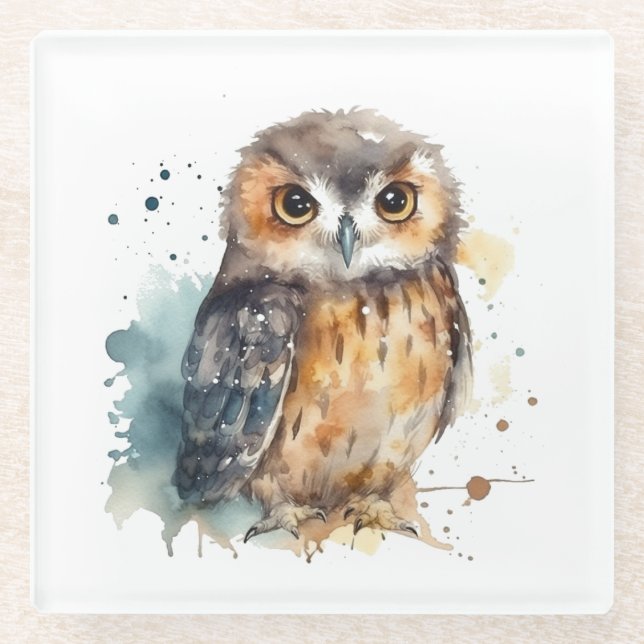 Cute Watercolor Owl Glass Coaster (Front)
