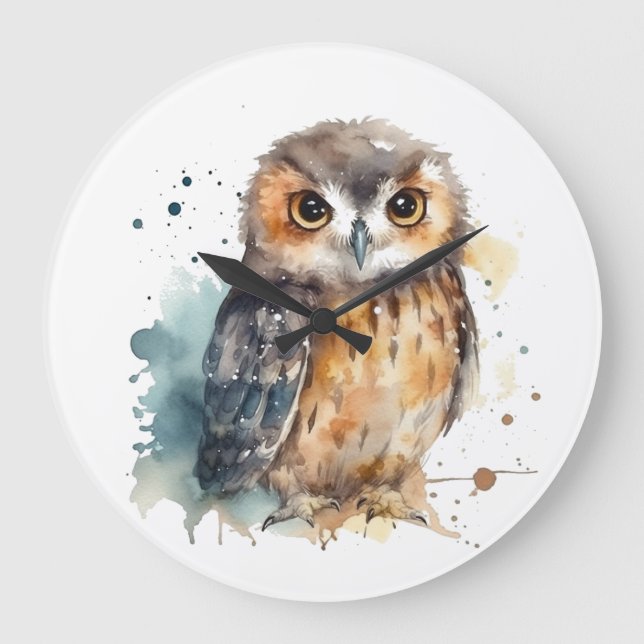Cute Watercolor Owl Large Clock (Front)