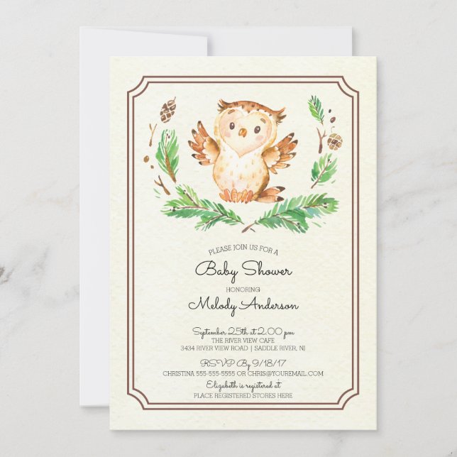 Cute Watercolor Owl Neutral Baby Shower Invitation (Front)