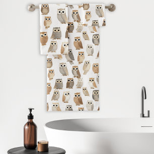 Cute Watercolor Owl Pattern Neutral Beige Gray Bath Towel Set