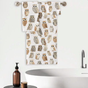 Cute Watercolor Owl Pattern Neutral Beige Grey Bath Towel Set