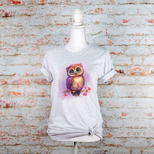 Cute Watercolor Owl Perched on Branch with Floral  T-Shirt