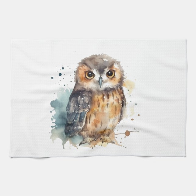 Cute Watercolor Owl Tea Towel (Horizontal)