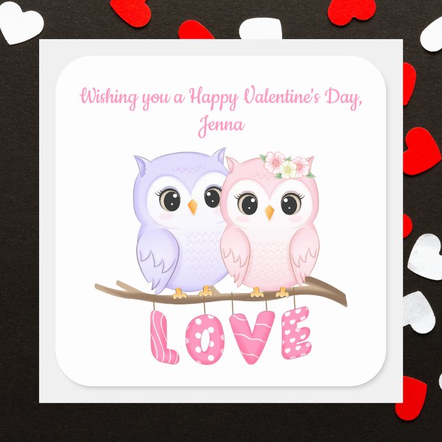 Cute Watercolor Owl Valentines Square Sticker (Creator Uploaded)