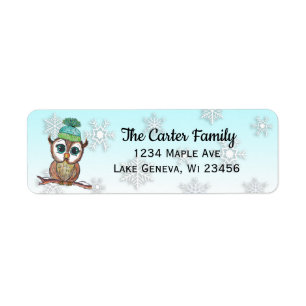 Cute Watercolor Owl with Snowflakes Background Return Address Label
