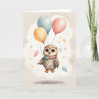 Cute Watercolor Owl Yellow Blue Red Balloons Blank