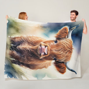 Cute Watercolor Painting of a Highland Cow Fleece Blanket