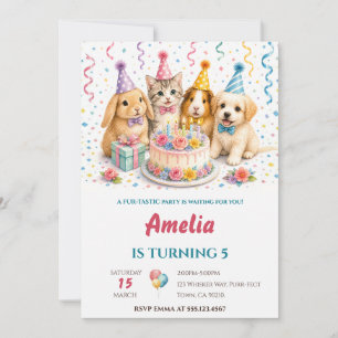 Cute Watercolor Party Animals Pastel Cake Birthday Invitation
