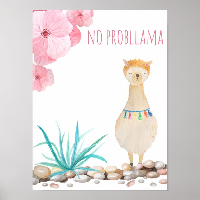 Cute Watercolor Pastel No Probllama Llama Nursery Poster (Front)