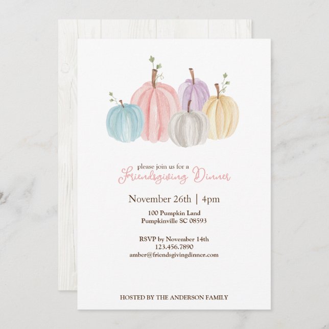 Cute Watercolor Pastel Pumpkins Thanksgiving Invitation (Front/Back)