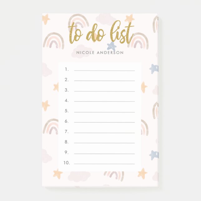 Cute Watercolor Pastel Rainbow Clouds To do List Post-it Notes (Front)