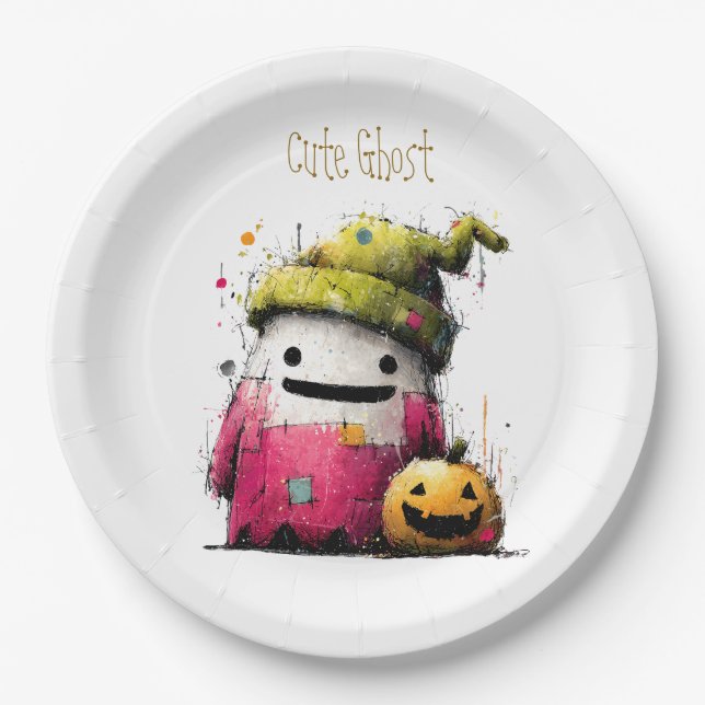 Cute Watercolor Patchwork Ghost Hallow Paper Plate (Front)