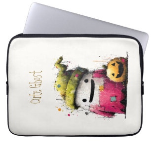 Cute Watercolor Patchwork Ghost Halloween Laptop Sleeve